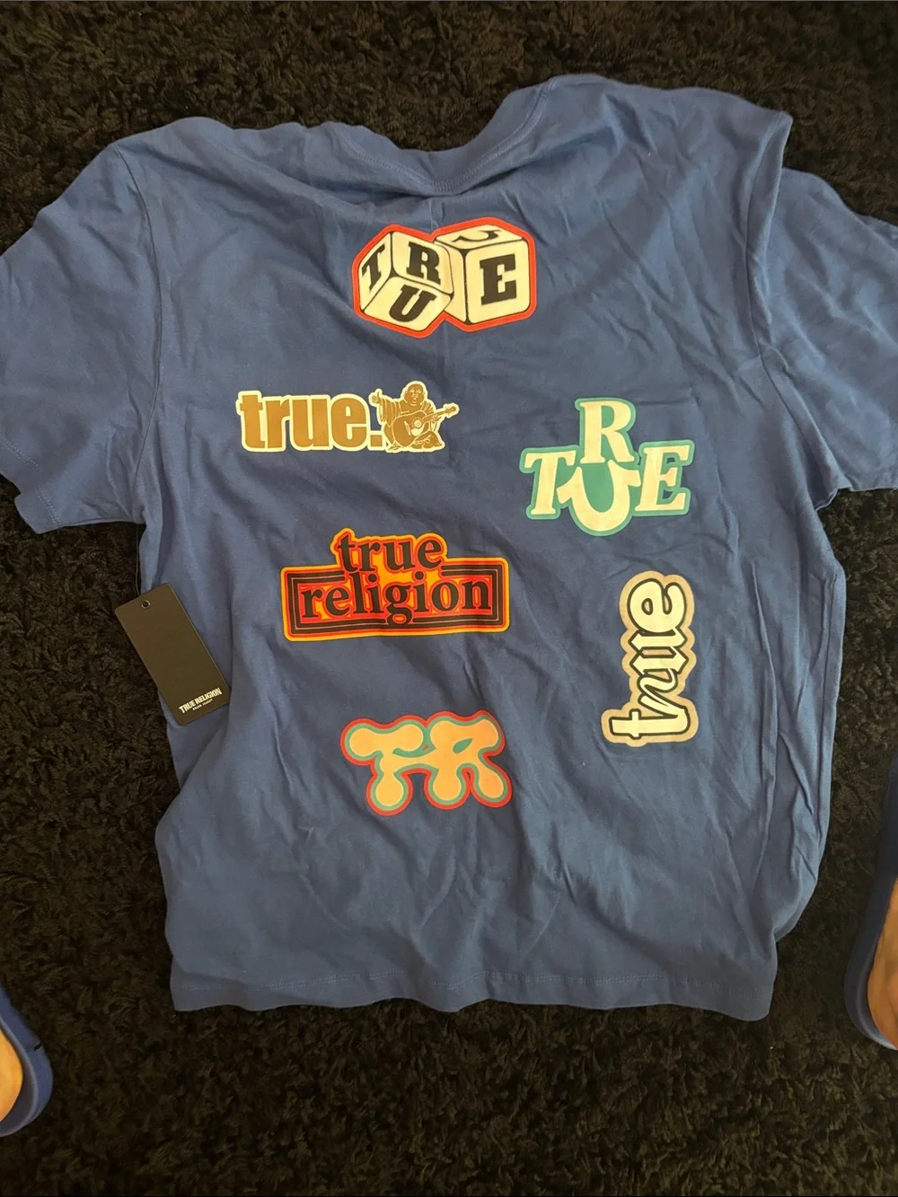 True Religion Navy Tee with Yellow & Mint Logo